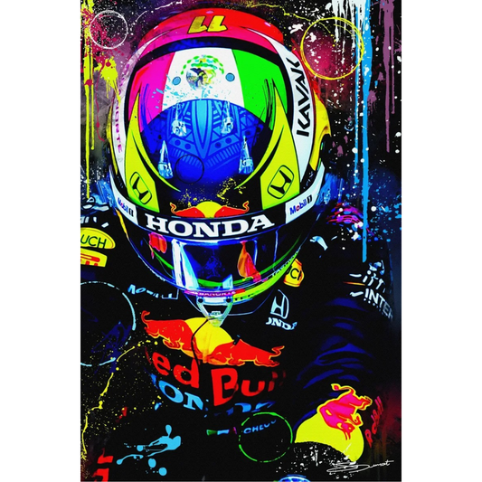 Colorful racing helmet with various brand logos on a dark background