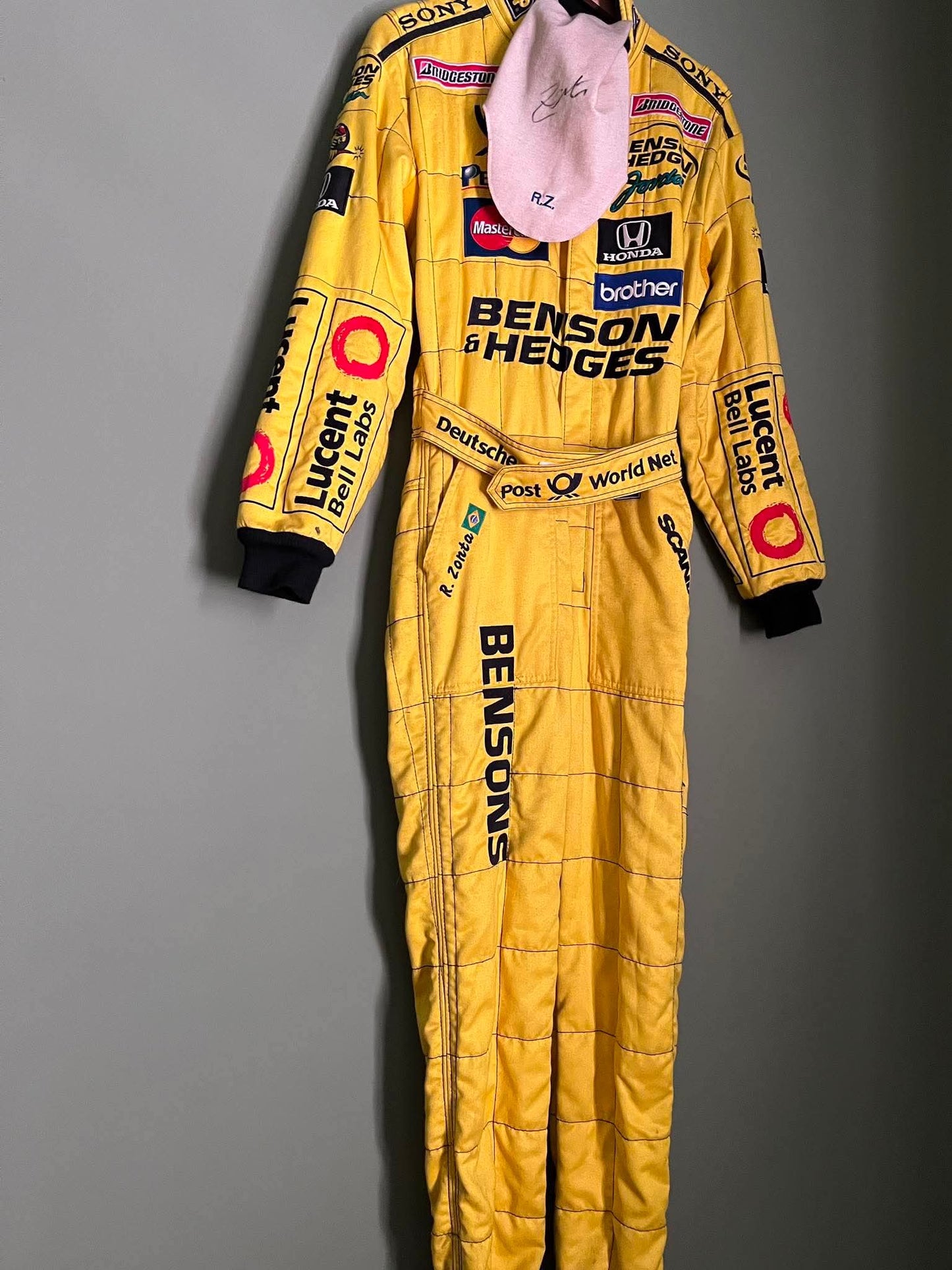Jordan F1 Race Suit Ricardo Zonta and signed balaclava