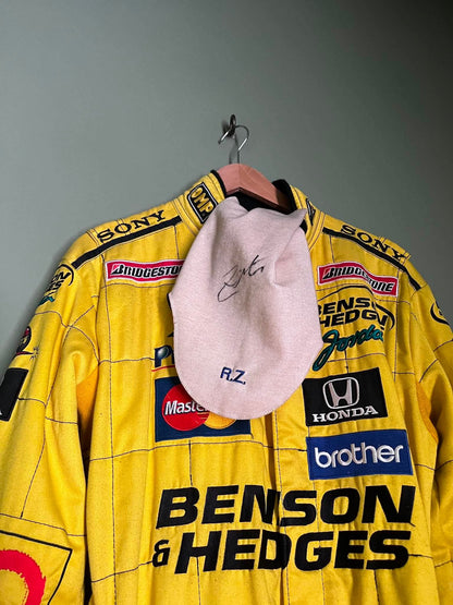Jordan F1 Race Suit Ricardo Zonta and signed balaclava